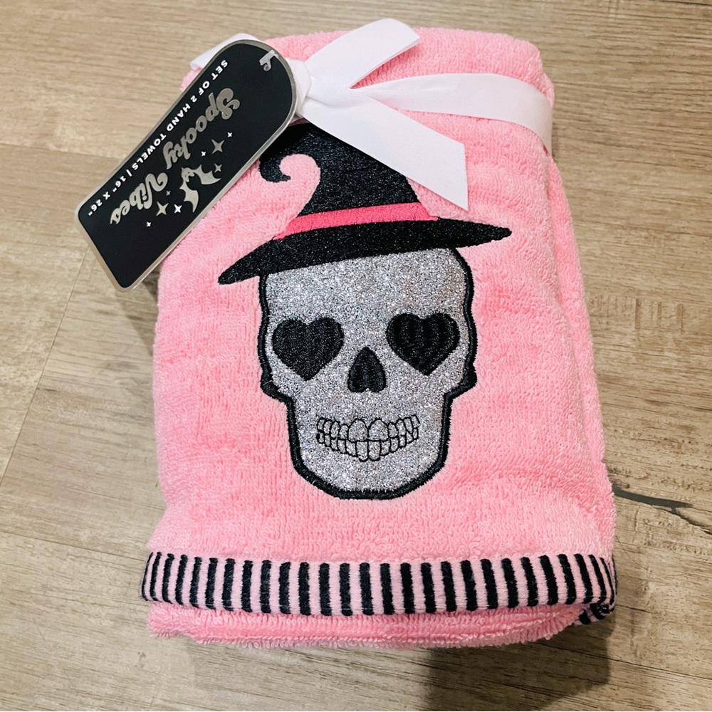 NEW Spooky Vibes Pink Halloween Hand Towels Set of 2 Glitter Skull Witch Hat